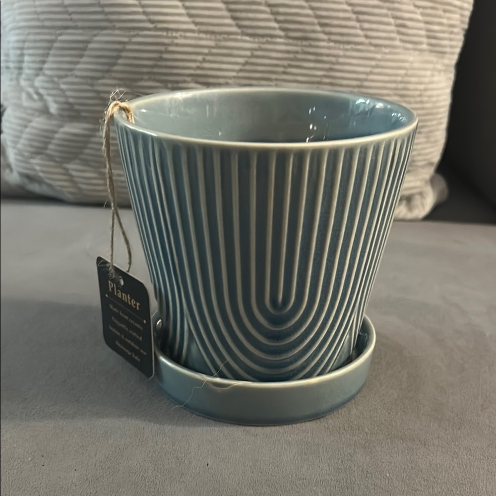 Blue Ceramic Planter with Geometric Design — NWT!